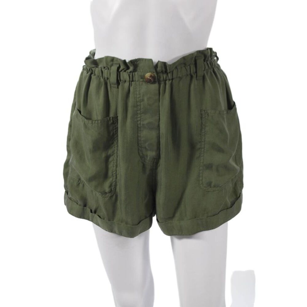 Unsubscribed Womens Paperbag Shorts Green Silk Button Size S
